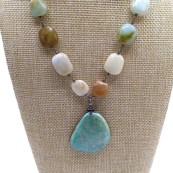Artisan Tumbled Amazonite Square Beads on Wire Choker Necklace - Picture 2 of 16